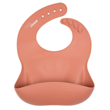 Boo Chew Silicone Bib in rust colour, cut out, white background, weaning bib 