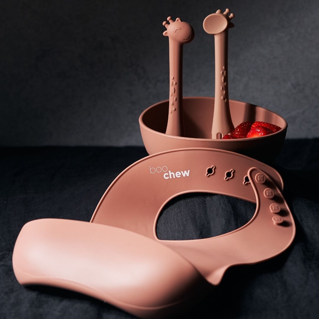 Mauve Pink Silicone bowl, silicone bib and silicone spoons